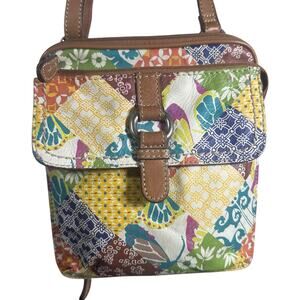 Vintage Fossil Patchwork Crossbody Bag Multicolor Leather Flap Front Boho Style